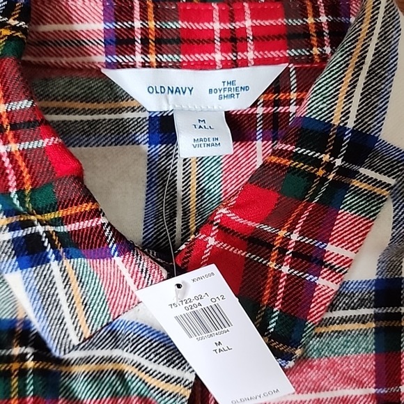 Old Navy Boyfriend Button Up Shirt M Tall Red White Tartan Plaid Long Sleeve - Picture 4 of 8
